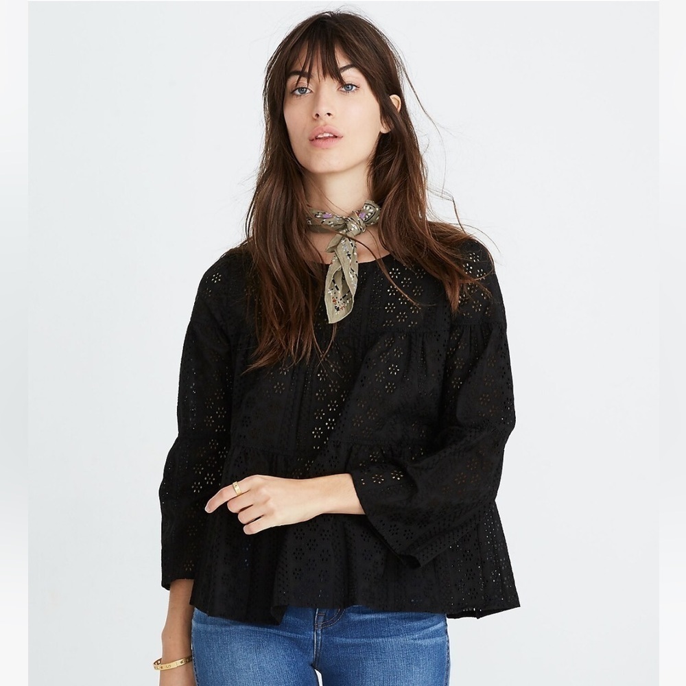 Madewell- Black Eyelet Tiered Button-Back Top Small